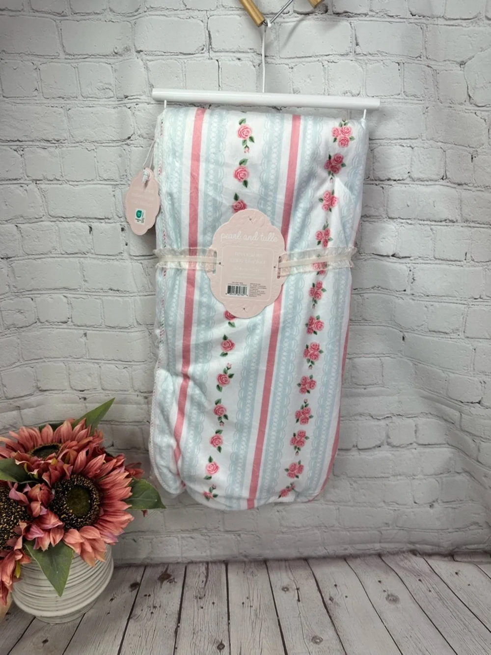 NWT pearl and tulle reversible Floral Stripe baby Blanket cottage boho feminine